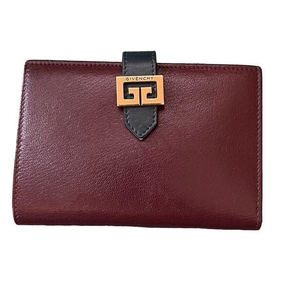 Vintage 80s Givenchy Red Gray Leather Compact Small Wallet - Picture 1 of 3